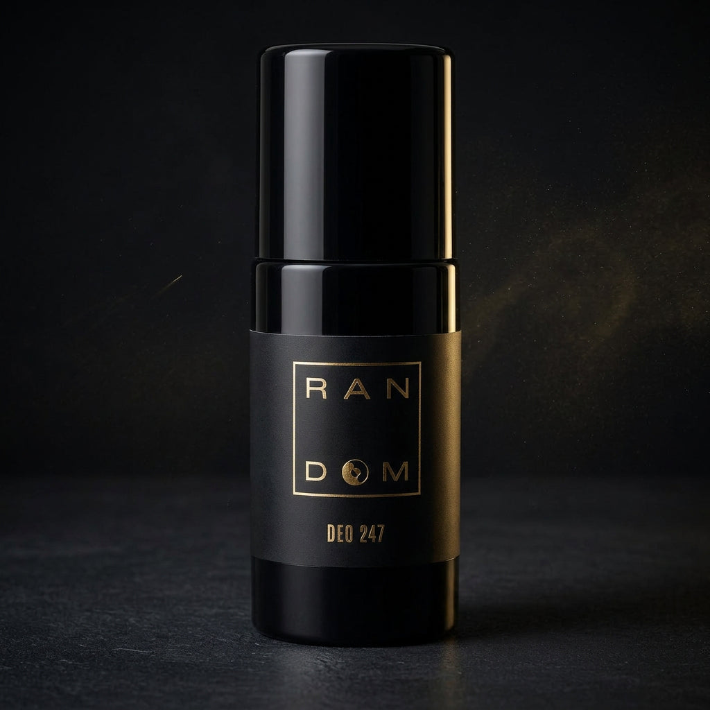 A sleek black cylindrical deodorant stick with a matching black cap, featuring a black label with gold lettering that reads 'RAN DOM' and 'DEO 247'.